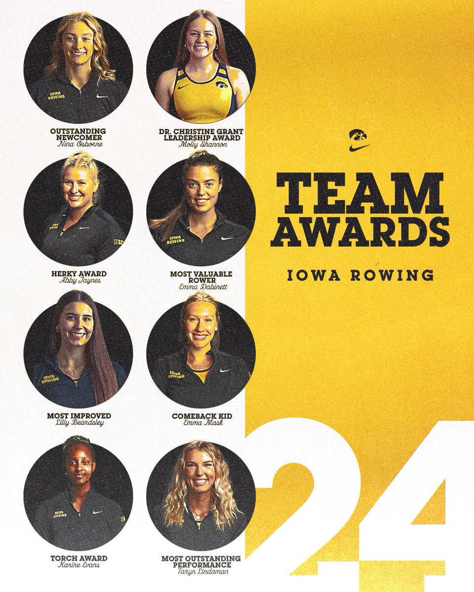 iowarowing's tweet photo. For their contributions to our program &amp; their own personal pursuit of excellence, please join us in congratulating these exceptional young women! Nina, Molly, Abby, Emma, Lilly, Karire, Taryn, &amp; Emma - hats off to you all for the energy, heart, &amp; care you displayed this year! https://t.co/oycyaZE46L