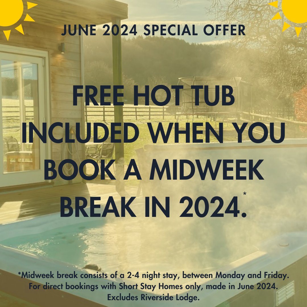 ShortStay_Homes's tweet photo. Our wonderful June offer for you. If you book a midweek break with us this June, for a stay in 2024, you will get the hot tub included for free!*
Check availability here: https://t.co/6aFYiMN9fW
#DogFriendly #MidweekBreaks #HotTubBreak #Staycation https://t.co/76WNFm1u7h