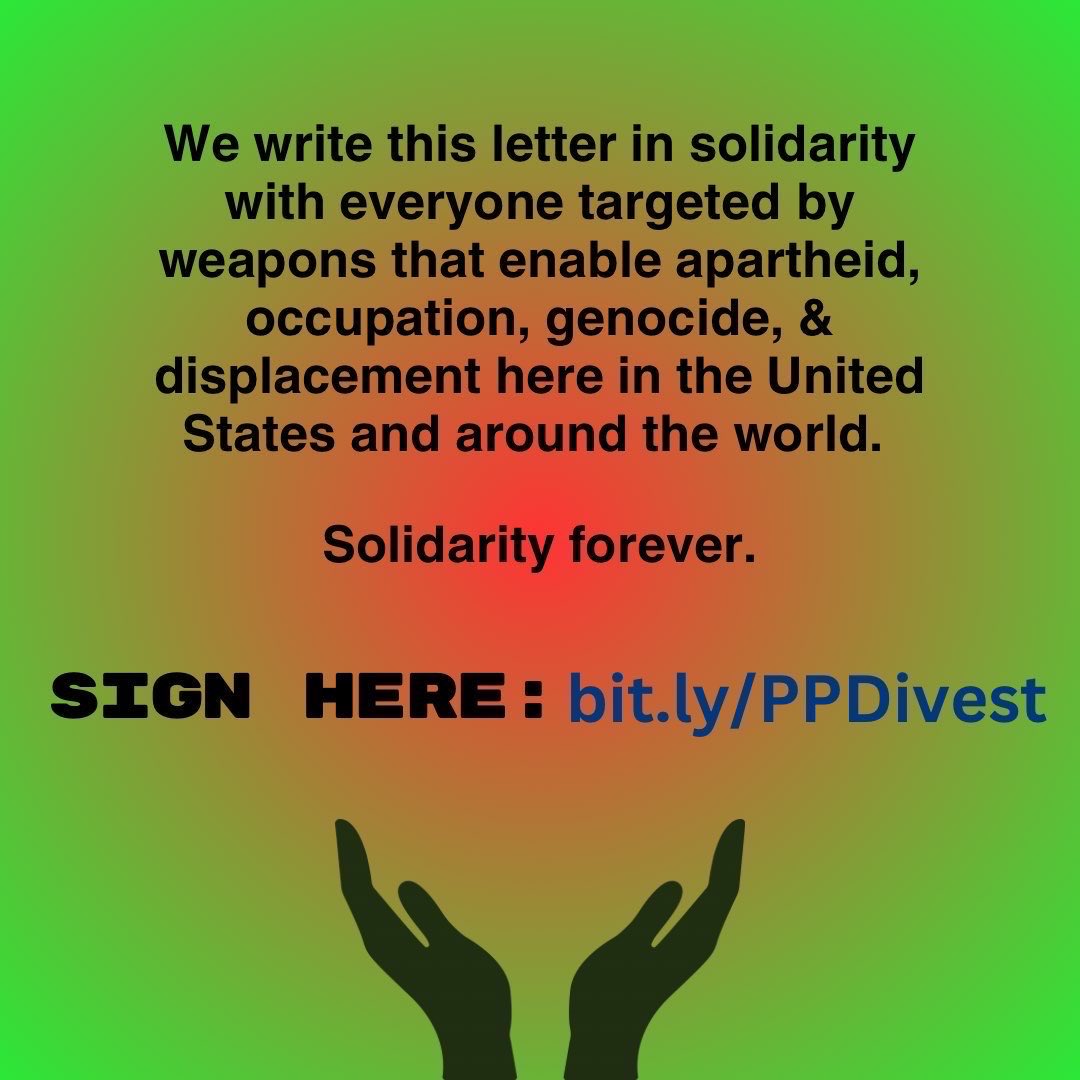 ReproJobs's tweet image. PP workers write this letter in solidarity with everyone targeted by weapons that enable apartheid, occupation, genocide, &amp;amp; displacement here in the United States and around the world. Solidarity forever. SIGN HERE: bit.ly/PPDivest Image of two hands reaching up.