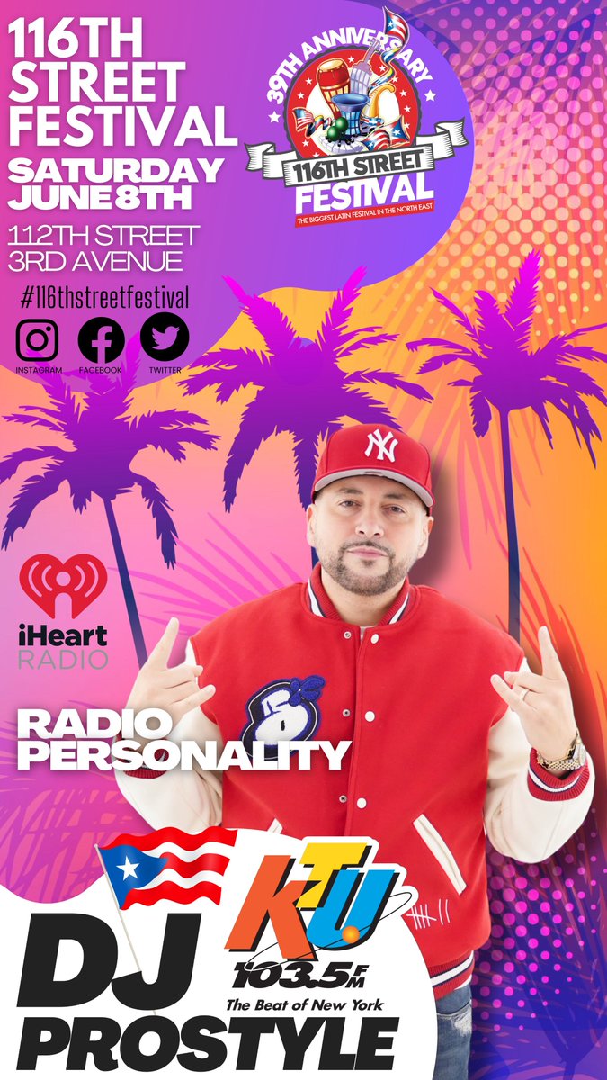 Experience the #116thStreetFestival with 103.5 KTU’s <a href="/DJPROSTYLE/">PROSTYLE</a> on June 8th, 11am-5pm! 🎉 21 blocks of Latin food &amp; 3 stages of entertainment! Don’t miss Dei V, Lisette Melendez, &amp; more at East 112th &amp; 3rd. Sponsored by <a href="/MyFoodBazaar/">Food Bazaar Supermarket</a> &amp; others!