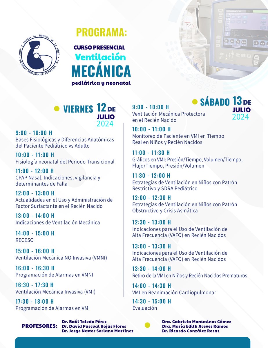 Buen día, socios y amigos SMP. Próximo curso Ventilación mecánica pediátrica y neonatal.
socmexped.org/programa-acade…...

Preguntas, dudas y comentarios, favor de comunicarse a los:
Tels. 55 5564-7739 / 55 9243-2245 / 55 9243-2246
smp1930@socmexped.org.mx
#SociedadMexicanaDePediatria