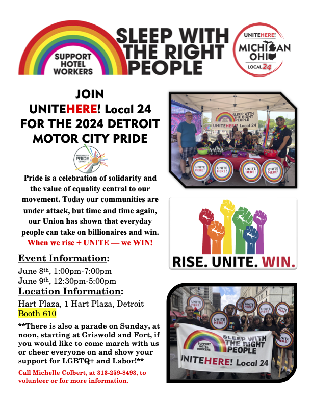 Join us for <a href="/MotorCityPride/">Motor City Pride</a> this Sat, 6/8 and Sun, 6/9, at Booth 610. There will also be a parade on Sunday, starting at noon. Please contact your Union Rep to work the booth and walk the parade. Hope to see lots of you there!! 🏳️‍🌈🏳️‍⚧️ #Pride #lgbtqcommunity #lgbtqpride #solidarity