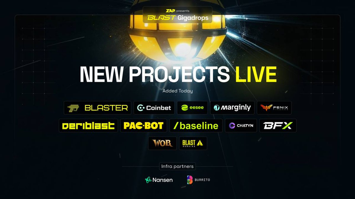 ZAP β‘οΈ (@zaponchain) on Twitter photo β‘ #GIGADROPS Update! β‘
12 NEW projects live. More missions, more rewards!
$500k+ reward pool on zap.tech/drops
π€ New Projects LIVE:
12 More projects join @Blast_L2 #gigadrops starting TODAY!
Welcome to: <a href="/BlasterSwap/">BLASTER π«</a>, <a href="/BlastDomains/">.blast domains || the #1 name service on Blast</a>, <a href="/BaselineMarkets/">Baseline</a>, @WorldOfBlast, β‘ #GIGADROPS Update! β‘
12 NEW projects live. More missions, more rewards!
$500k+ reward pool on zap.tech/drops
π€ New Projects LIVE:
12 More projects join @Blast_L2 #gigadrops starting TODAY!
Welcome to: <a href="/BlasterSwap/">BLASTER π«</a>, <a href="/BlastDomains/">.blast domains || the #1 name service on Blast</a>, <a href="/BaselineMarkets/">Baseline</a>, @WorldOfBlast,
