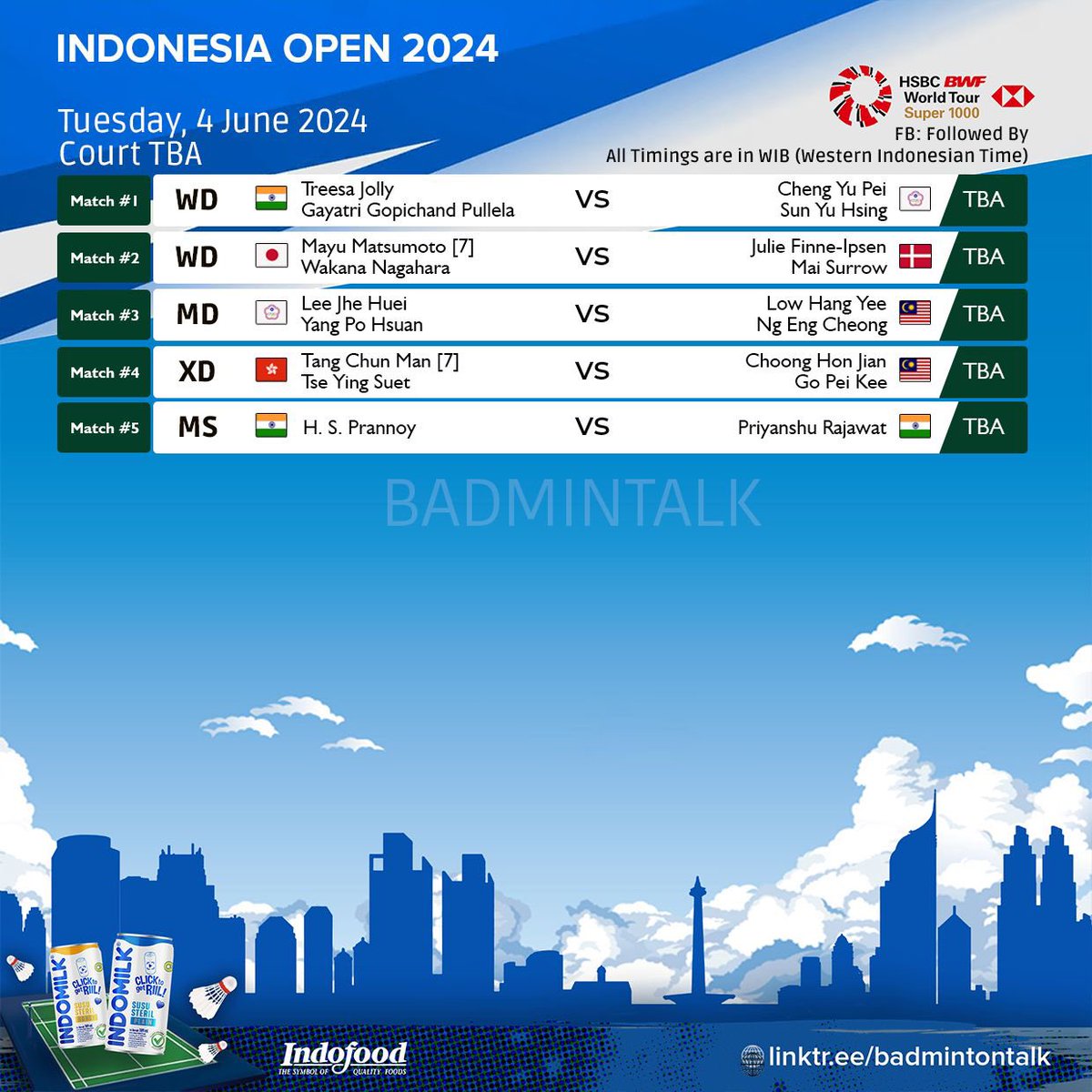 Order Of Play - #IndonesiaOpen2024 (Day 1)

Tuesday, 4 June 2024
First match starts at 09.00 WIB

Match mana yang paling kalian nantikan?

#IndomilkSteril #FaedahnyaRiil
