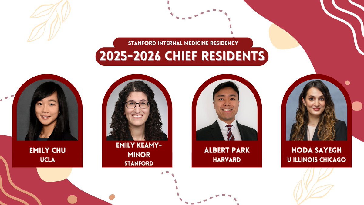 StanfordMedRes (@stanfordmedres) on Twitter photo The Stanford Internal Medicine Residency Program proudly announces the 2025-2026 <a href="/StanfordChiefs/">Stanford Internal Medicine Chiefs</a>! Please join us in congratulating Emily Chu, Emily Keamy-Minor, Albert Park, and Hoda Sayegh! We are excited to see you shine as extraordinary leaders within the <a href="/StanfordDeptMed/">Stanford Department of Medicine</a> 🌟 The Stanford Internal Medicine Residency Program proudly announces the 2025-2026 <a href="/StanfordChiefs/">Stanford Internal Medicine Chiefs</a>! Please join us in congratulating Emily Chu, Emily Keamy-Minor, Albert Park, and Hoda Sayegh! We are excited to see you shine as extraordinary leaders within the <a href="/StanfordDeptMed/">Stanford Department of Medicine</a> 🌟