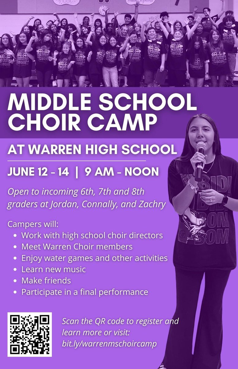 Our middle school choir camp is back! All students who will be enrolled at Jordan, Connally, or Zachry Middle Schools for the 2024-2025 school year are welcome to attend this FREE, 3-day camp! 

Register: sites.google.com/view/warrenmsc…

<a href="/NISDWarren/">NISDWarren</a> <a href="/JordanNISD/">Jack C. Jordan MS</a> <a href="/NISDConnally/">Connally Coyotes</a> <a href="/NISDZachry/">Zachry MS</a>