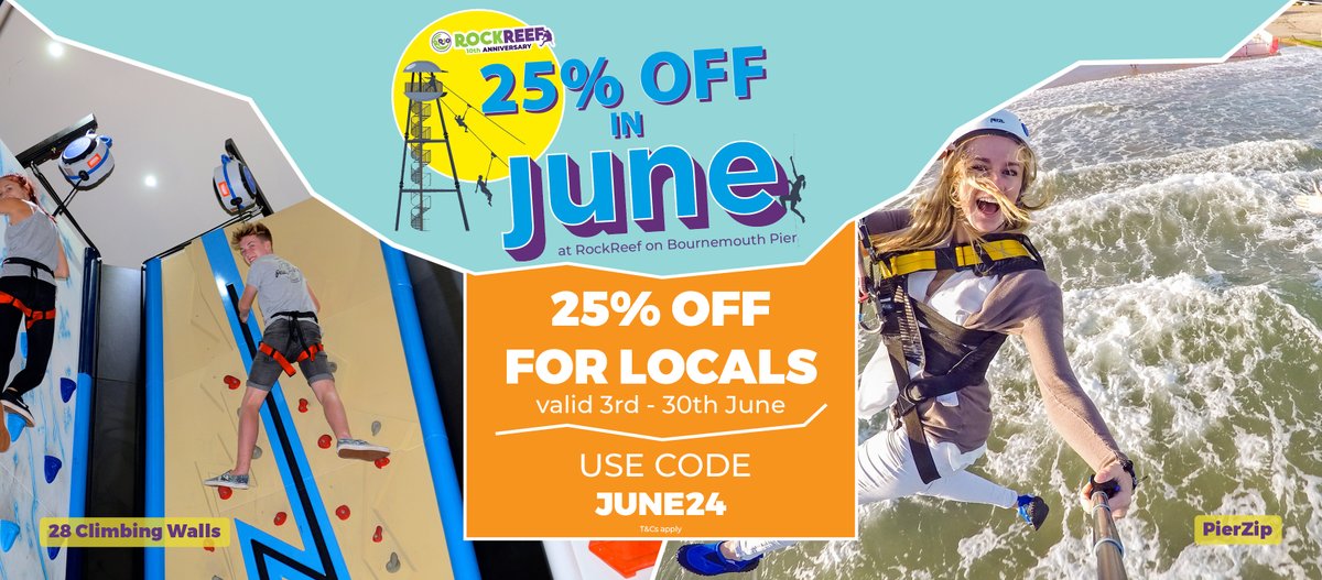 Have you never visited RockReef or completed the PierZip on Bournemouth Pier? Now is your opportunity!

We are now offering 25% off for locals throughout the month of June off of our #PierZip and #RockReef!

For more info, click here: bit.ly/3VoRIVn

#BournemouthPier