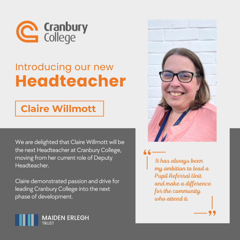 CranburyCollege's tweet photo. We are delighted to announce that Claire Willmott has been appointed as Headteacher of Cranbury College with effect from September 2024.  Congratulations Claire! 👏  The full statement regarding this appointment can be found on our website 👉 https://t.co/Cf5kqOpsMj https://t.co/xkmImDx0L3
