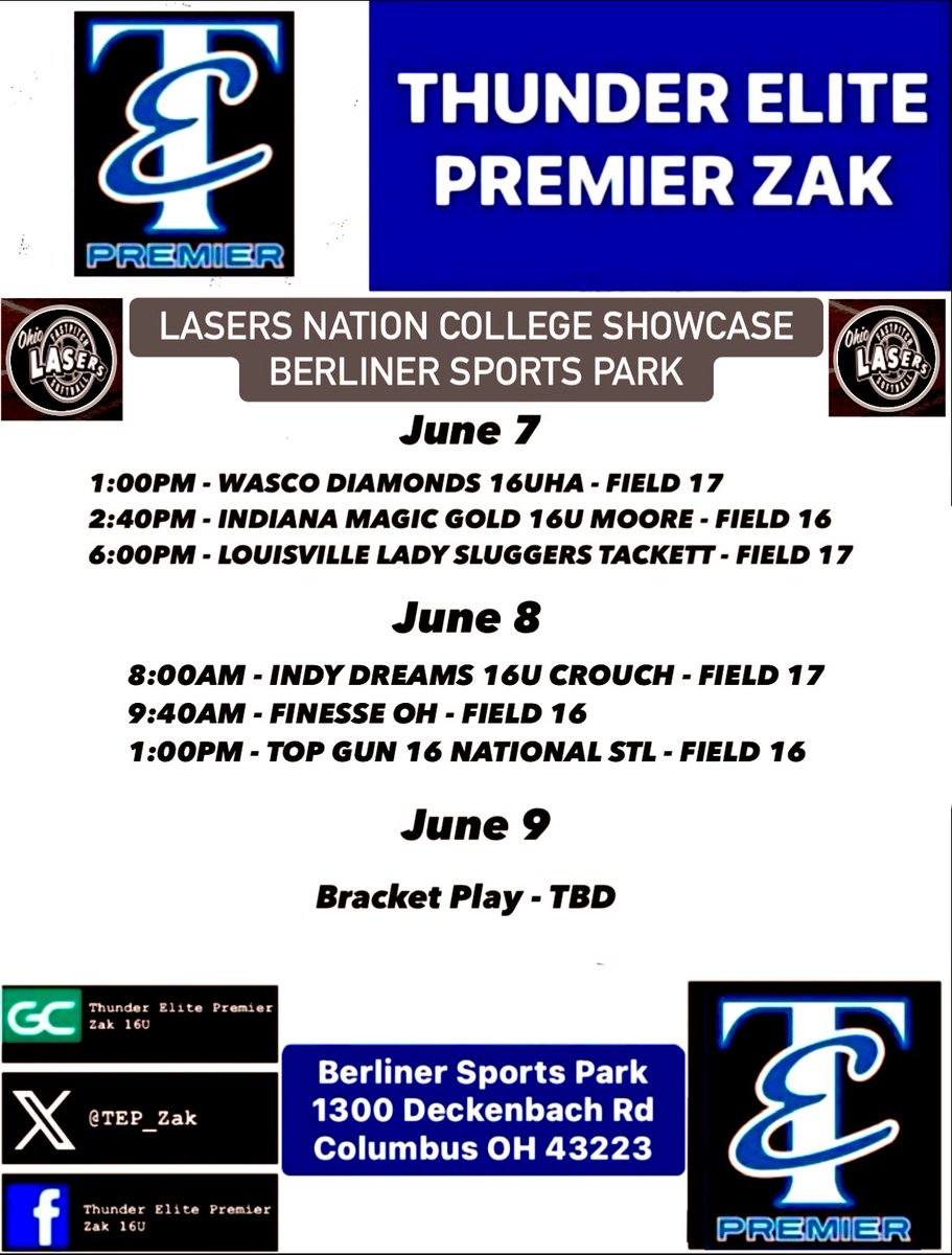 Thunder Elite 18U Premier - Zak (@tep_zak) on Twitter photo Come out to <a href="/LaserShowcase/">Laser Nation Showcase</a> this weekend to see <a href="/TEP_Zak/">Thunder Elite 18U Premier - Zak</a> in action at Berliner Sport Park!! Hope to see you at the fields!! <a href="/TE_FallBall/">TE Fastpitch</a> #TEPremier Come out to <a href="/LaserShowcase/">Laser Nation Showcase</a> this weekend to see <a href="/TEP_Zak/">Thunder Elite 18U Premier - Zak</a> in action at Berliner Sport Park!! Hope to see you at the fields!! <a href="/TE_FallBall/">TE Fastpitch</a> #TEPremier