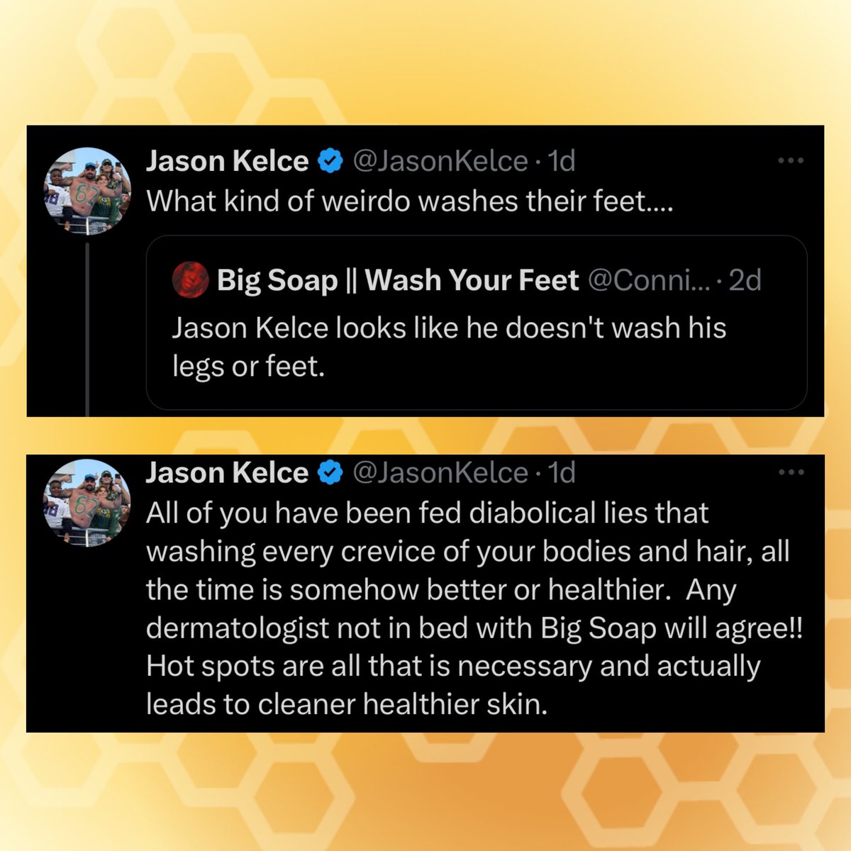 BuzzingPop's tweet photo. Jason Kelce reveals that he doesn’t wash his feet:

“All of you have been fed diabolical lies that washing every crevice of your bodies and hair, all the time is somehow better or healthier. https://t.co/c9e7nY3jIr