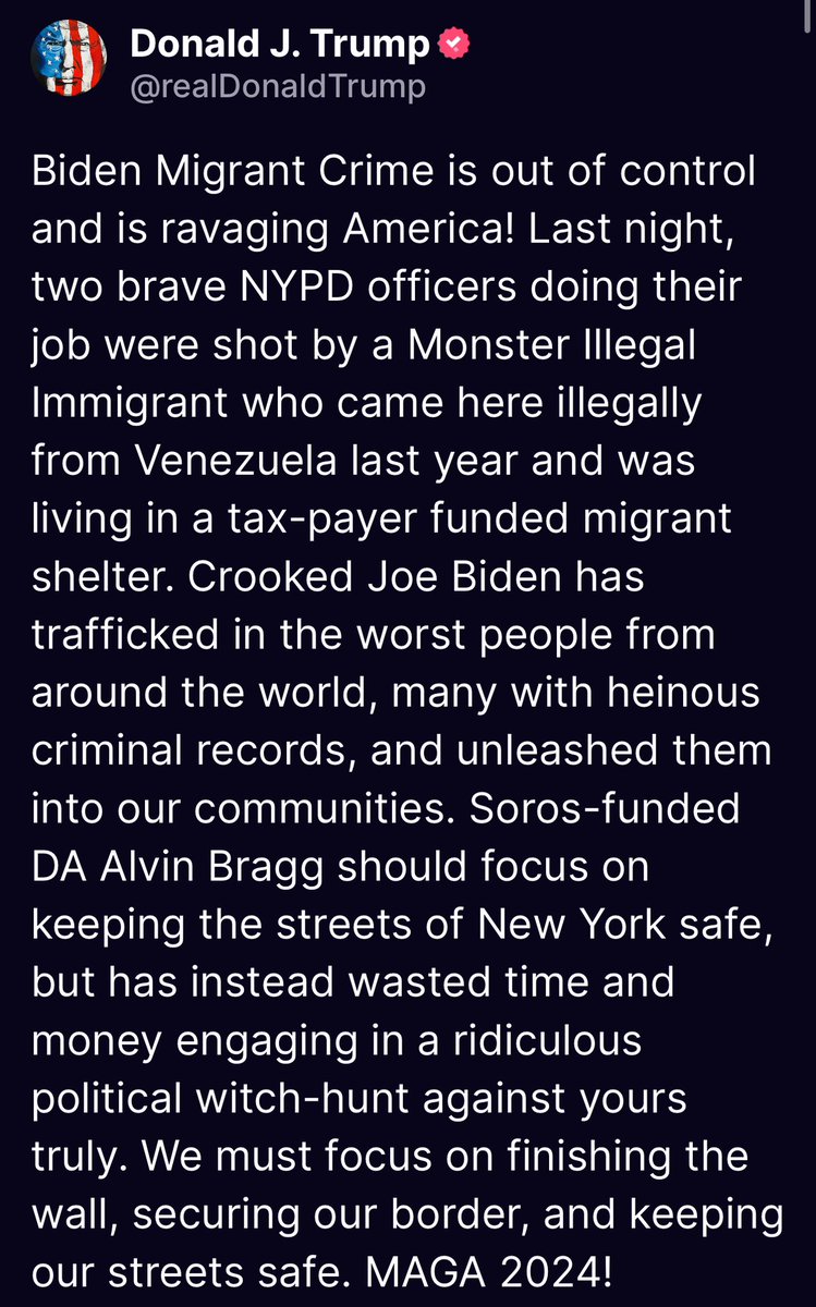 TrumpDailyPosts's tweet image. Biden Migrant Crime is out of control and is ravaging America! Last night, two brave NYPD officers doing their job were shot by a Monster Illegal Immigrant who came here illegally from Venezuela last year and was living in a tax-payer funded migrant shelter. Crooked Joe Biden has