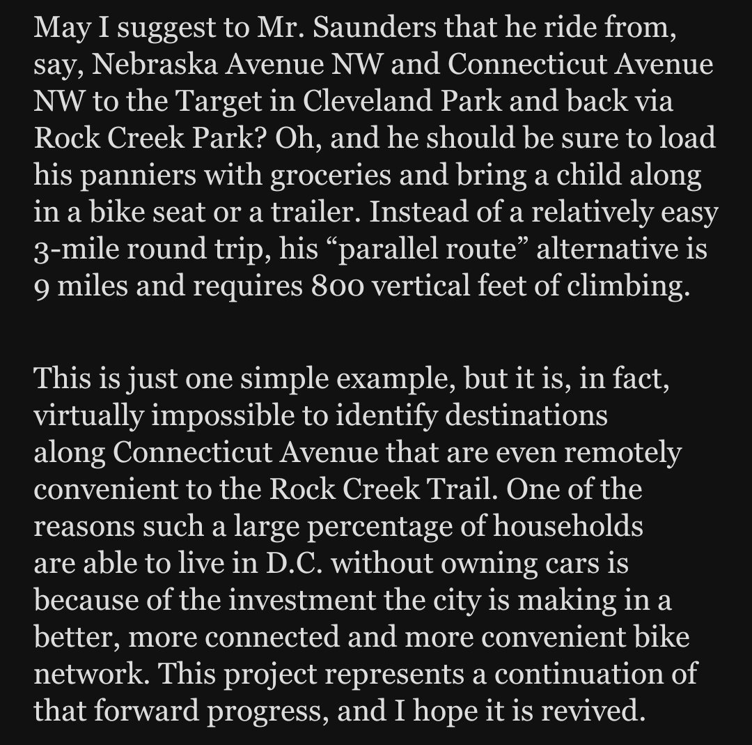 DcSafer's tweet photo. From a @wapo oped... @DDOTDC ... 100% this.  *every alternative route* that goes N/S to Connecticut has the problem of NOT BEING Connecticut. It is the most direct path.  It has the lowest average grade.  It actually has the destinations that people want to bike to on it. https://t.co/WFQdbelYdi
