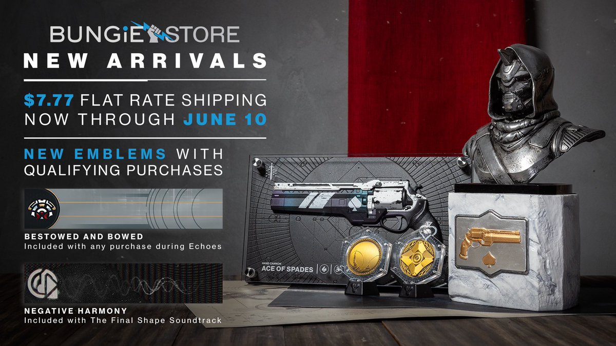 BungieStore's tweet photo. The Pale Heart isn't the only thing with new arrivals.

New products and shipping savings are available starting today at Bungie Store.

💠 https://t.co/DrWX0y6Mvj https://t.co/mh5sSP0CzE