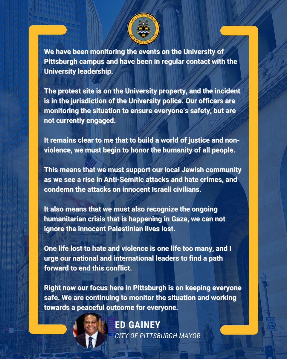 We have been monitoring the events on the University of Pittsburgh campus and have been in regular contact with the University leadership.

(1/7)