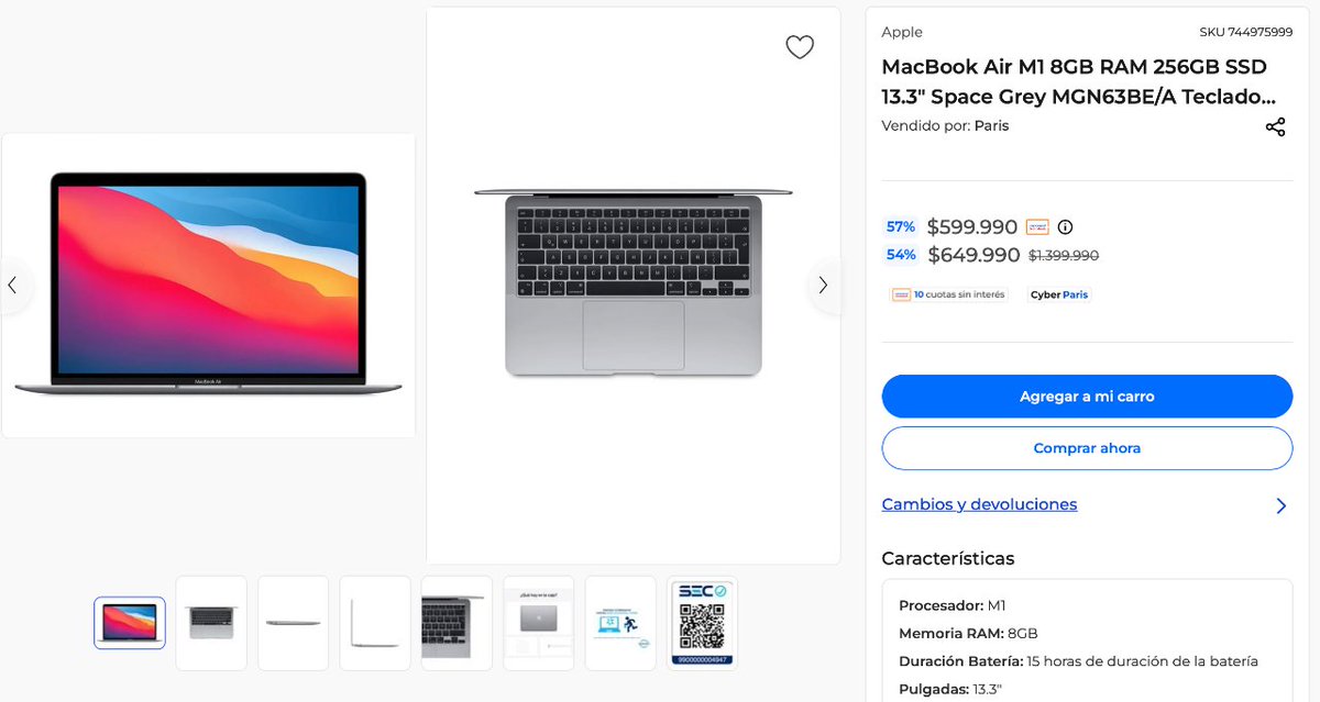 DescuentosRata's tweet photo. #CyberRata 💻 El MacBook Air M1 Apple (8GB RAM / 256GB SSD) bajó a $599.990 pagando con la 💳 en la web de París.

➡️ https://t.co/eCQTL6b0wX https://t.co/n3MxgZOl4D