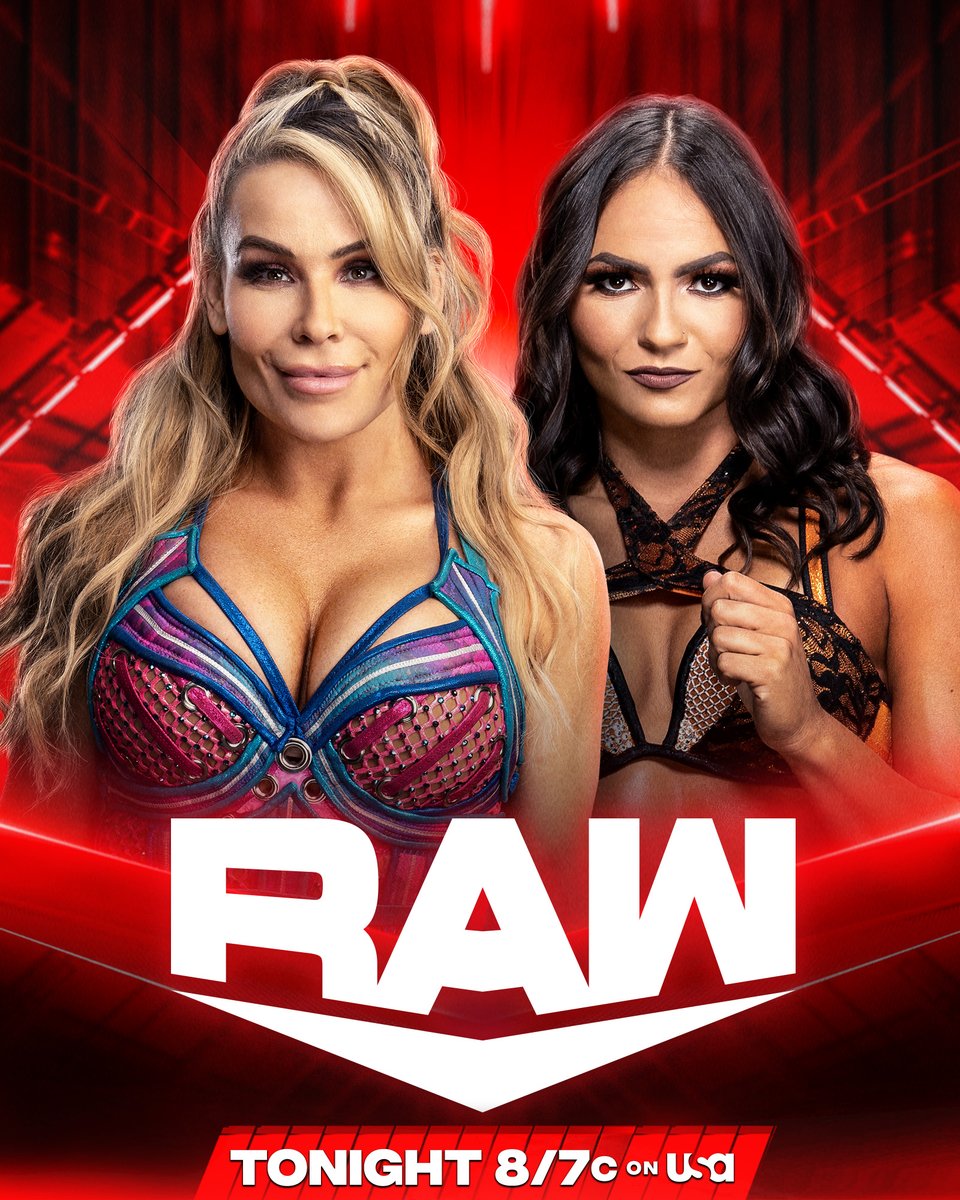 WWE's tweet image. TONIGHT on #WWERaw

@kianajames_wwe makes her in-ring debut on the red brand when she takes on @NatbyNature! 

📺 8/7c on @USANetwork
