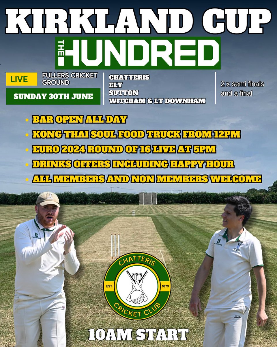 Chatteris_CC's tweet photo. ‼️ CHATTERIS CRICKET CLUB HOSTS THE HUNDRED ‼️

SUNDAY 30th JUNE 10AM START

CRICKET ALL DAY
BAR OPEN
FOOD TRUCK
EUROS LAST 16 
ALL VISITORS WELCOME

🟣 Proudly sponsored by @Agrimech 🟣 https://t.co/wVqhvl8bFc