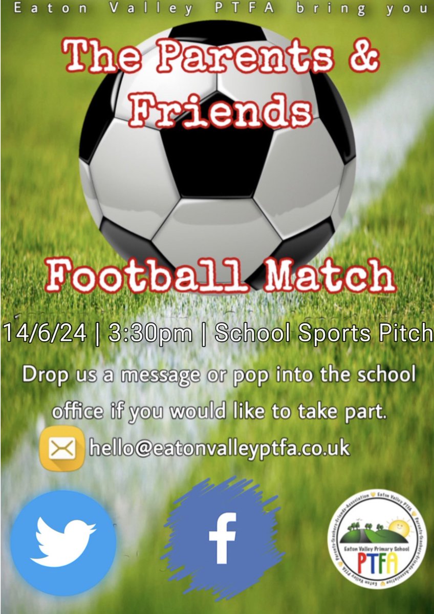 Eaton Valley PTFA (@eatonvalleyptfa) on Twitter photo It’s back!
To celebrate Father’s Day and the start of the Euros we will be having our annual parents & friends football match.
It will be on Friday 14th June straight after school pick up <a href="/EVPrimary/">Eaton Valley Primary School</a> It’s back!
To celebrate Father’s Day and the start of the Euros we will be having our annual parents & friends football match.
It will be on Friday 14th June straight after school pick up <a href="/EVPrimary/">Eaton Valley Primary School</a>