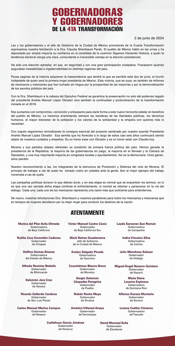 Expresamos nuestra felicitación a la Dra. <a href="/Claudiashein/">Claudia Sheinbaum Pardo</a>. El pueblo de México habló en las urnas y ha depositado por amplia mayoría su confianza en la candidata de la coalición “Sigamos Haciendo Historia”.