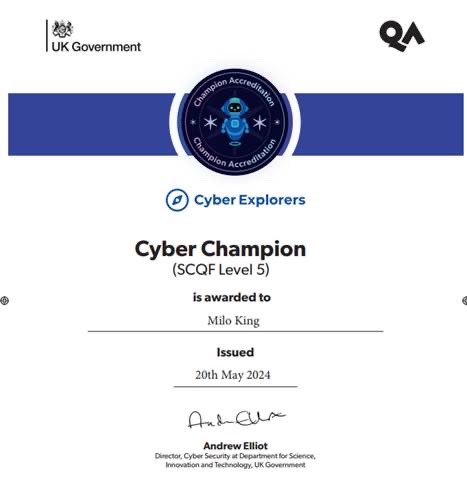 Congratulations go to Milo King in year 7.
Milo has exceeded the Cyber Explorers requirements to become a Cyber Explorer Champion.
Well done, Milo this is an outstanding achievement.