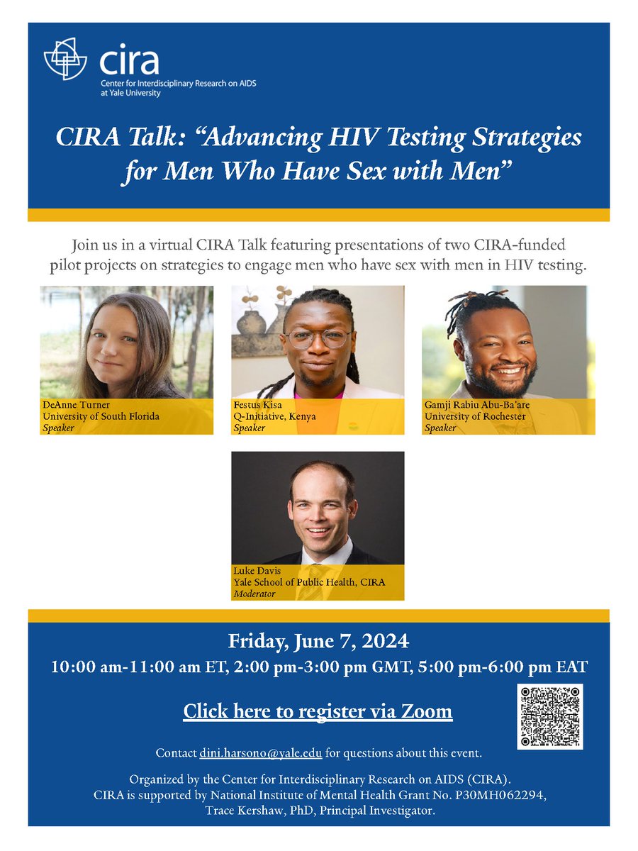 CIRA at Yale Univ. (@ciraatyale) on Twitter photo Join <a href="/CIRAatYale/">CIRA at Yale Univ.</a> in a virtual CIRA Talk featuring presentations of two CIRA-funded pilot projects on strategies to engage men who have sex with men in #HIV testing. Register: yale.zoom.us/meeting/regist… <a href="/YaleSPH/">Yale School of Public Health</a> Join <a href="/CIRAatYale/">CIRA at Yale Univ.</a> in a virtual CIRA Talk featuring presentations of two CIRA-funded pilot projects on strategies to engage men who have sex with men in #HIV testing. Register: yale.zoom.us/meeting/regist… <a href="/YaleSPH/">Yale School of Public Health</a>
