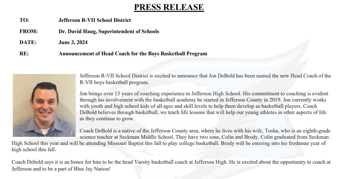 Jefferson has made their selection for their New Head Boys Basketball Coach, Jon DeBold.