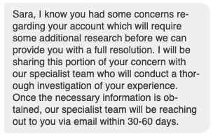 Hey <a href="/SpiritAirlines/">Spirit Airlines</a>, my wife is having trouble accessing her account to try and book a flight. Your chat support escalated the issue and said the specialist team would reach out within 30-60 days. That's some pretty terrible customer service!