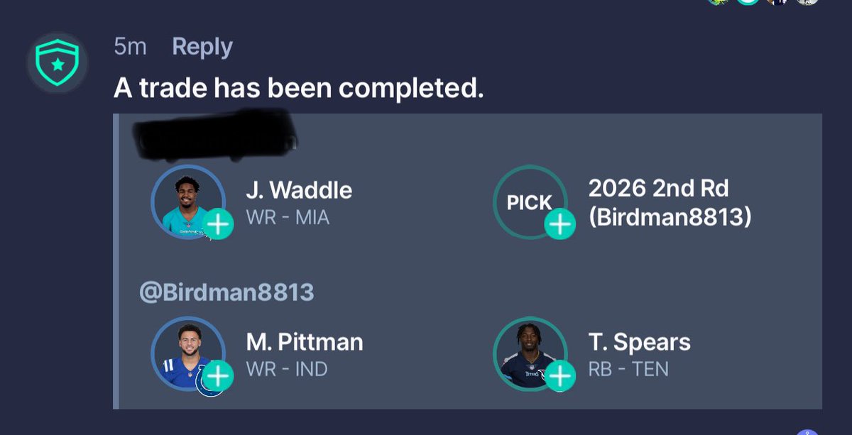 halfbirdhalfman's tweet photo. It was hard to let go of Waddle because I really like him, but got sent this trade and accepted it in my Dynasty league

W or L? https://t.co/mt2G9O1tRA