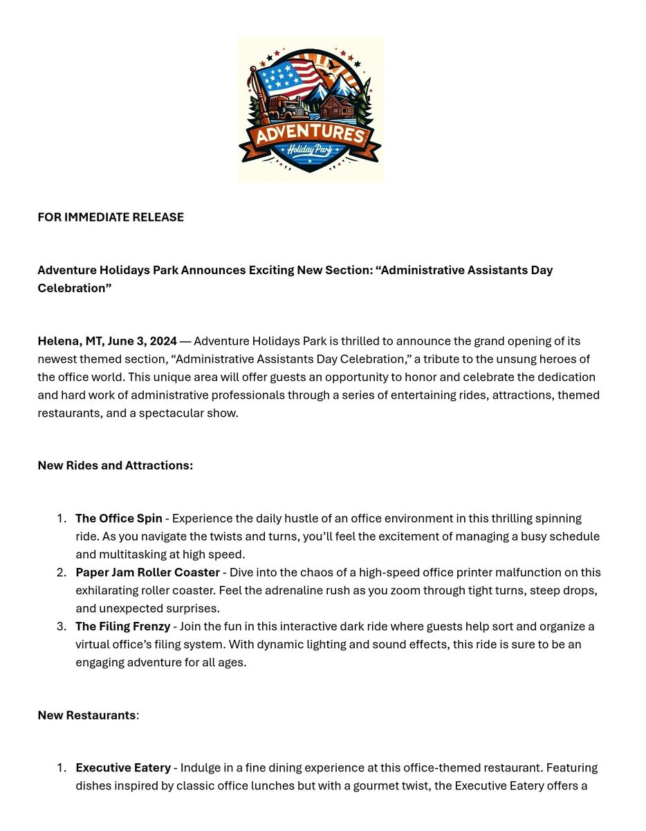Ai_Coaster's tweet photo. 🎉 Exciting news! Adventure Holidays Park is unveiling a new section: "Administrative Assistants Day Celebration" opening April 23, 2025! Join us for thrilling rides, themed dining, and spectacular shows honoring office heroes. Stay tuned!! #NewAtAHP #OfficeHeroes @ai_coaster https://t.co/q4pTigmyNr