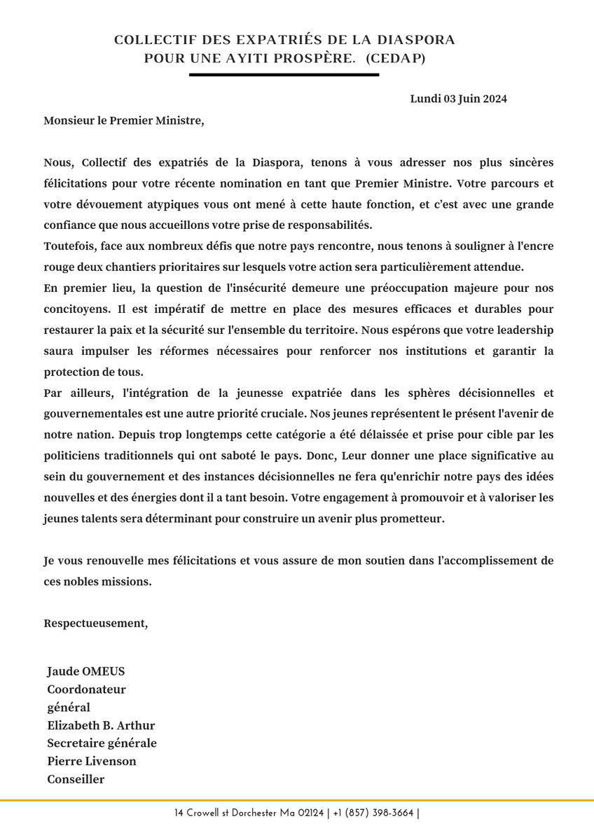 dynamic_post's tweet photo. Dans une lettre ouverte, Le collectif des Expatriés de la diaspora pour une Ayiti ProspÚre #CEDAP, s'adresse au nouveau PM @ConilleGarry en lui exhortant à pencher sur deux chantiers majeurs ds le cadre de son gouvernance: la question de la sécurité et l'intégration des jeunes. https://t.co/tkq8IR1EID