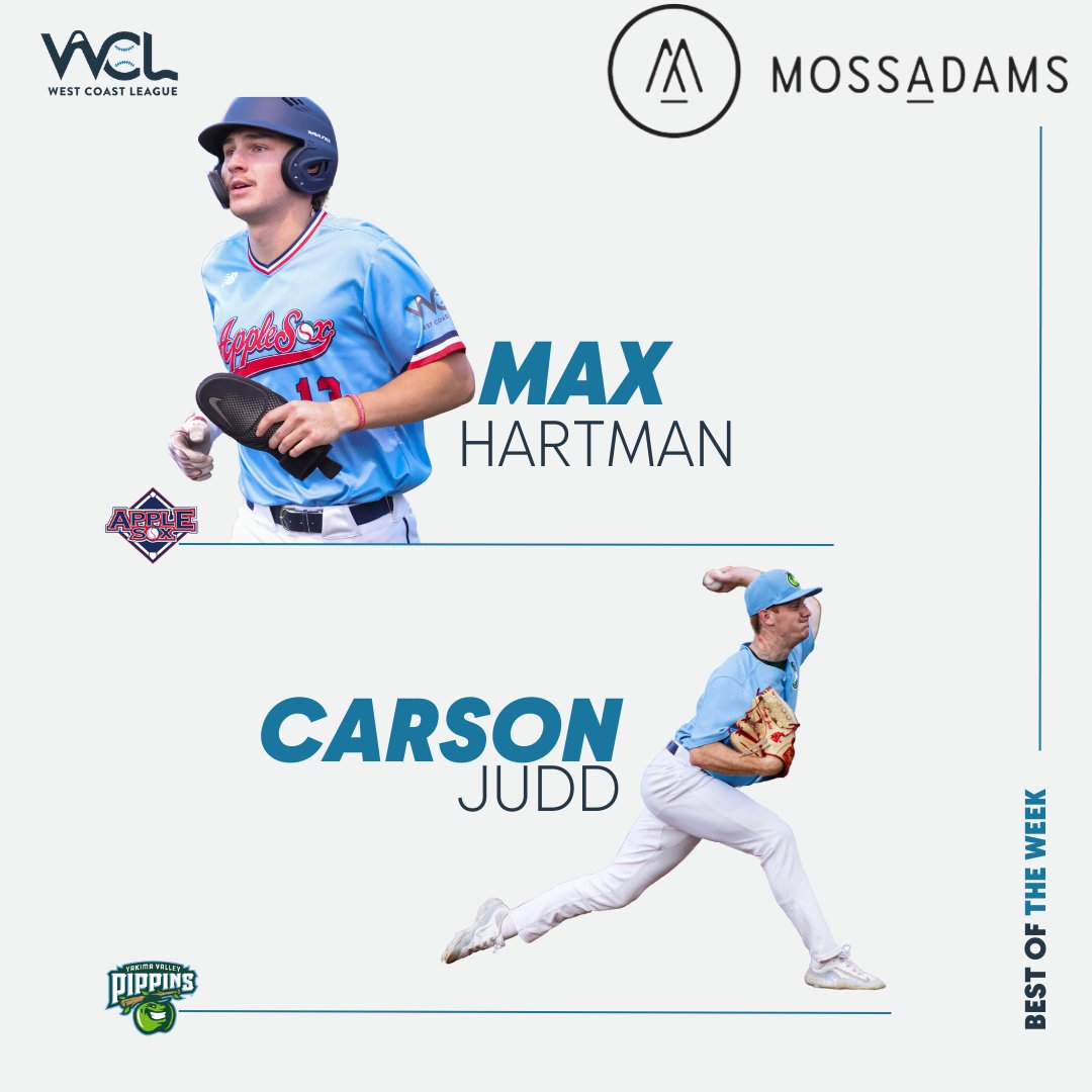 West Coast League (@wclbaseball) on Twitter photo Max Hartman (<a href="/AppleSox/">Wenatchee AppleSox</a>/<a href="/wsucougarbsb/">Washington State Baseball</a>) and Carson Judd (<a href="/PippinsBaseball/">Yakima Valley Pippins</a>/<a href="/wsucougarbsb/">Washington State Baseball</a>) earn <a href="/Moss_Adams/">Moss Adams</a> Player and Pitcher of the Week honors.
View the release 👉westcoastleague.com/hartman-and-ju… Max Hartman (<a href="/AppleSox/">Wenatchee AppleSox</a>/<a href="/wsucougarbsb/">Washington State Baseball</a>) and Carson Judd (<a href="/PippinsBaseball/">Yakima Valley Pippins</a>/<a href="/wsucougarbsb/">Washington State Baseball</a>) earn <a href="/Moss_Adams/">Moss Adams</a> Player and Pitcher of the Week honors.
View the release 👉westcoastleague.com/hartman-and-ju…