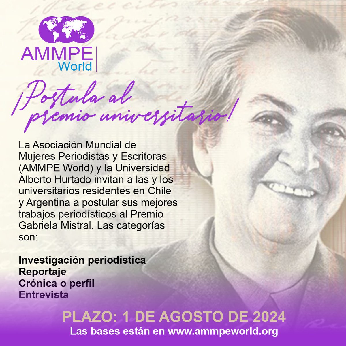 🛑 Queda muy poquito para que puedas postular a este tremendo Premio Universitario!
No dejes pasar la oportunidad porque los 3 trabajos finalistas viajarán a Punta Arenas al Congreso Mundial de AMMPE World!

#congresomundial 
#AmmpeWorld