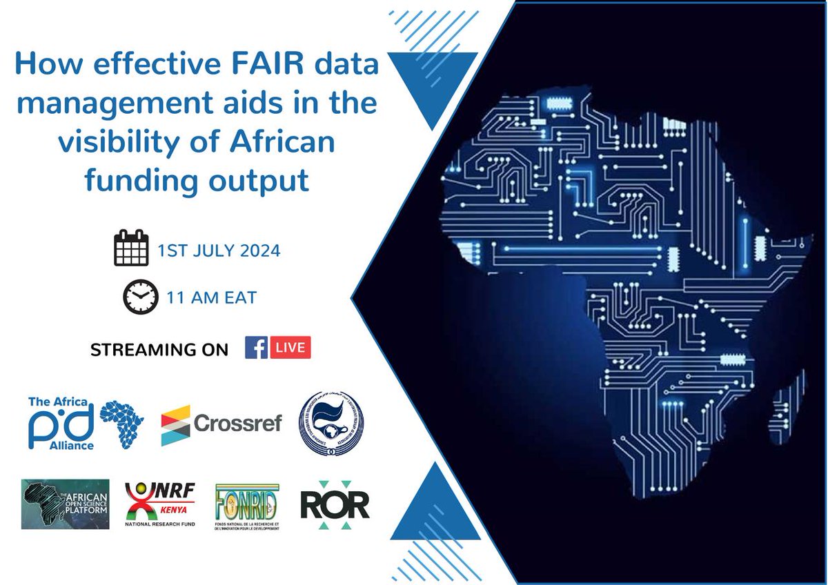 #OpenInfrastructure
📢 Webinar Invitation
How effective #FAIR data management aids in the visibility of  African funding output. With @researchfundke @AOSP <a href="/Crossref/">Jim Cross</a> <a href="/ResearchOrgs/">ROR community (inactive Nov 2024)</a> <a href="/AAU_67/">Association of African Universities</a> and  #FONRID (fonrid.com/?page_id=8535&…)
Please join us via us02web.zoom.us/meeting/regist…
🧵