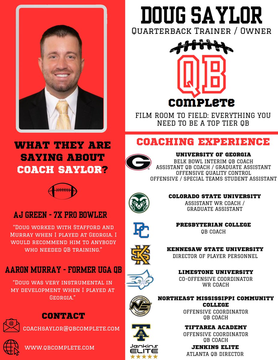 CoachDougSaylor's tweet photo. Beyond excited to announce @QB_CompleteLLC. If you are looking to become a complete QB with on the field training along with film sessions cultivating your knowledge of the game, check out https://t.co/DtTzirI9VU for more information. https://t.co/d3a323iXKe