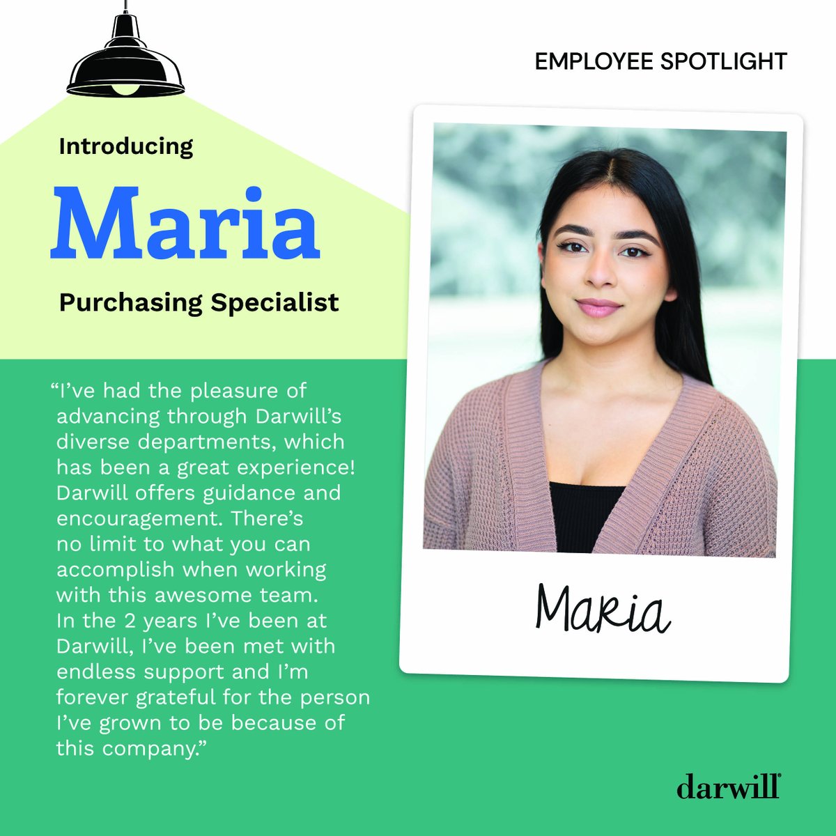 Darwill_Inc's tweet photo. Say hello to our June Spotlight, Maria! Maria is a Purchasing Specialist in our Estimating Department. She has been on #TeamDarwill for two years and has experienced endless support, guidance, and encouragement.

#StaffSpotlight #EmployeeAppreciation 💙 https://t.co/cDTWnIDD6v