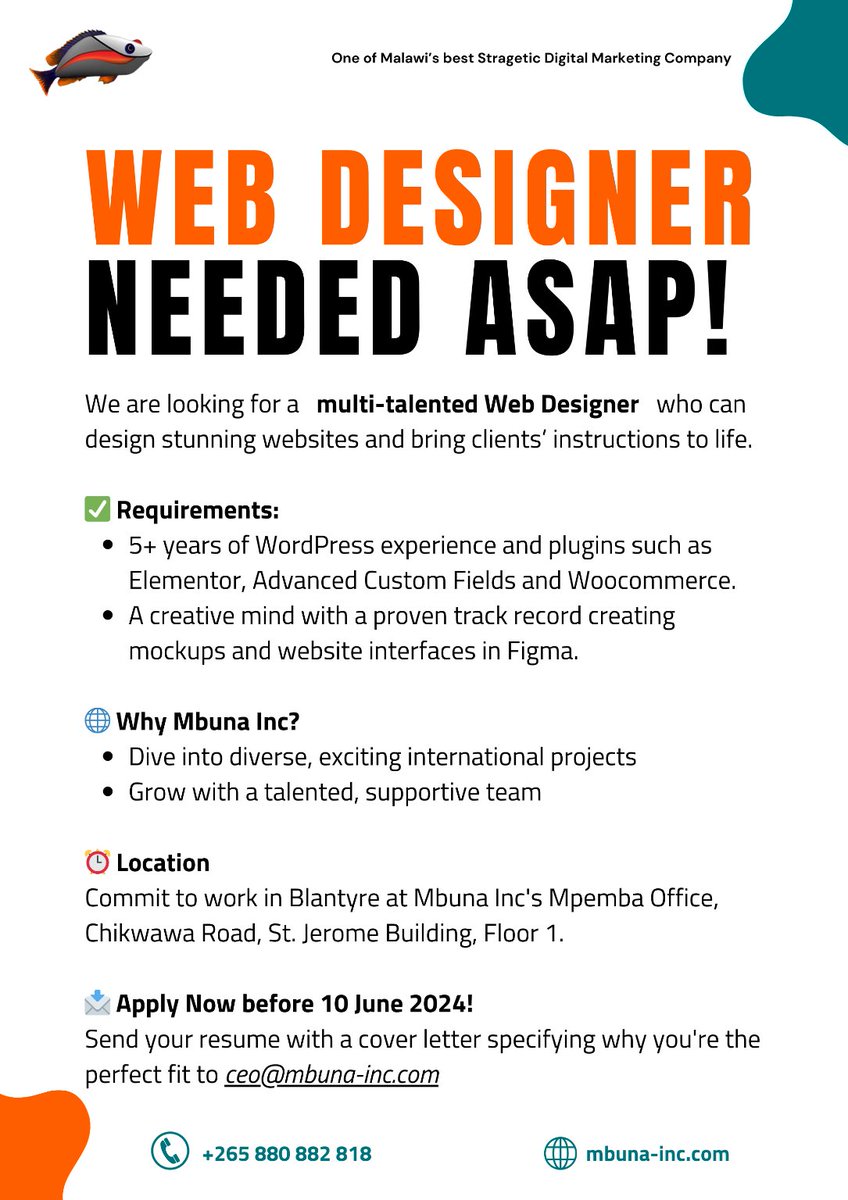 MzumaraHope's tweet photo. We are looking for an accomplished Web Designer with high-level WordPress skills and Figma design experience. #WebDesignerNeeded
Send your Resume and cover letter explaining why you are the best fit for the job and your previous experience/portfolio to ceo@mbuna-inc.com https://t.co/xey3yLi06m