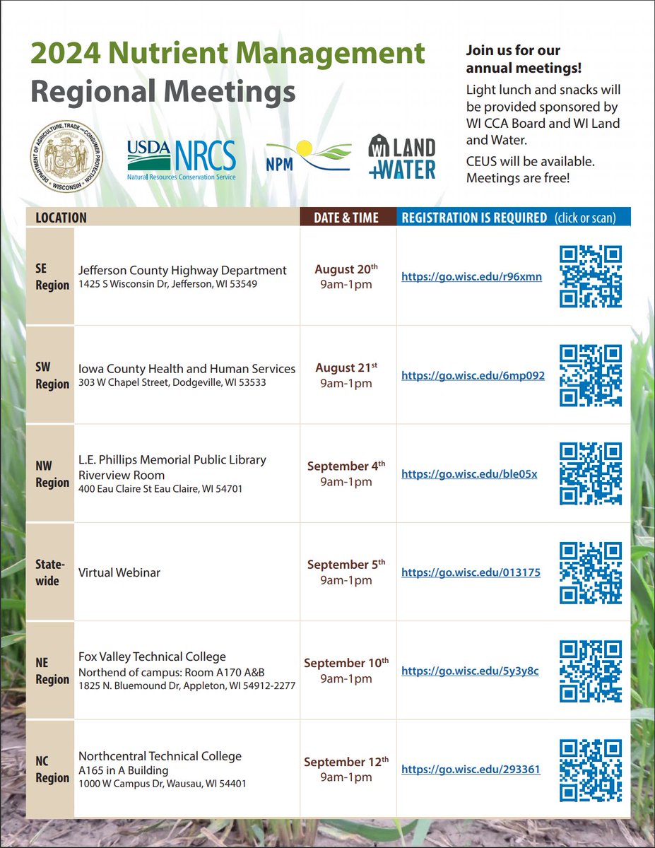 Registration for the 2nd annual nutrient management regional meetings is now open! This is a collaborative effort by DATCP, NRCS, and the UW NPM and SnapPlus teams to bring you updates and info related to all things nutrient management! CEUs will be available. <a href="/widatcp/">Wisconsin DATCP</a> <a href="/NRCS_WI/">NRCS-Wisconsin</a>
