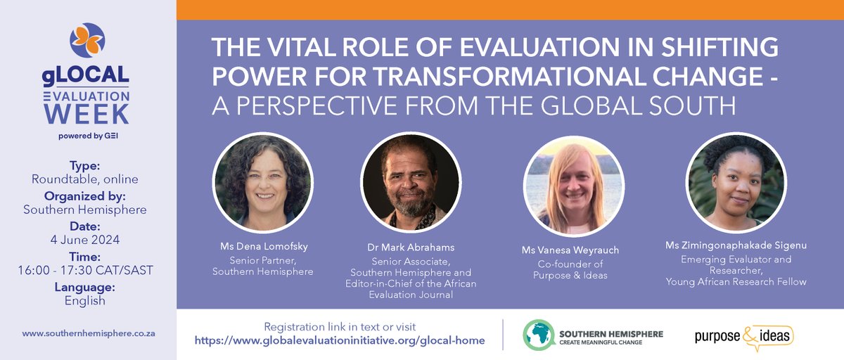 We are excited to host an event for gLocal 2024 on 4 June, 16h00 SAST. Please join us in a challenging discussion and make a meaningful contribution to the future of more equitable evaluation practices. globalevaluationinitiative.org/event/vital-ro…