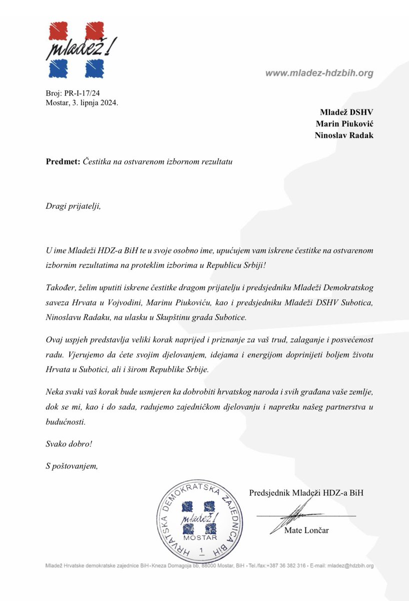 Drage kolege iz <a href="/MladezHDZBIH/">Mladež HDZ BiH</a> i prijatelju <a href="/LoncarMate/">Mate Lončar</a> hvala na upućenim riječima i čestitci.
Zajedno kroz sve izazove i kroz uspjehe.
Partnerstvo i prijateljstvo 🤝