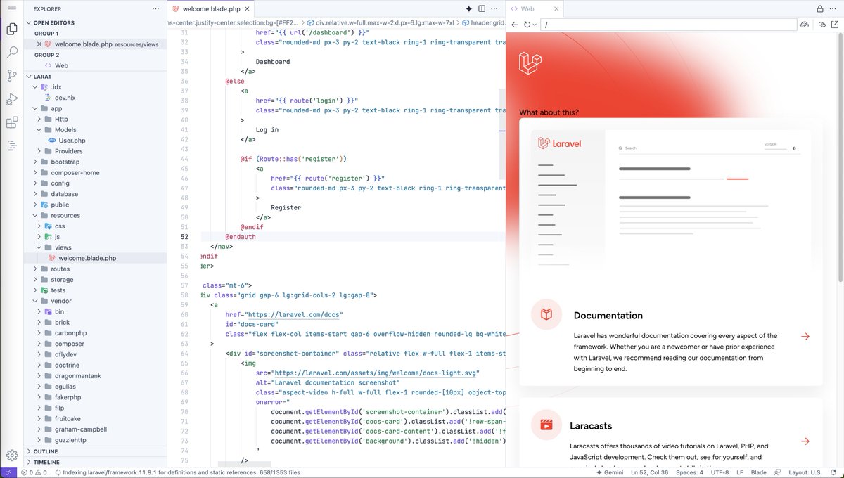 bhaidar's tweet photo. It feels more of a vscode inside the #GoogleIDX https://t.co/owdDfgG4Dr