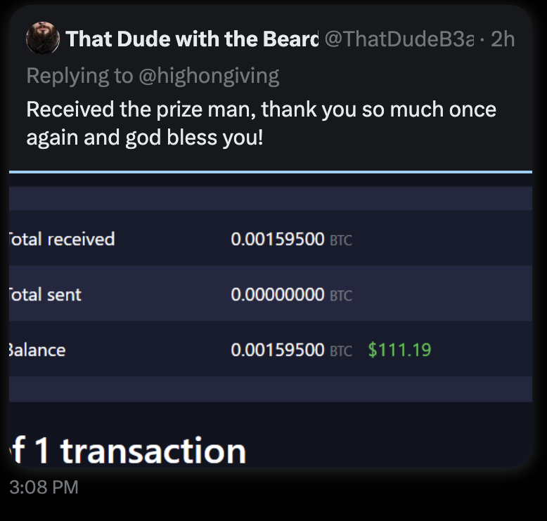 highongiving's tweet photo. Amazing! @ThatDudeB3a received his $BTC and the price went up in the meantime π
I wish you multiply this a thousand times!
#btcgiveaway #cryptogiveaway https://t.co/cepGOxm9Jg