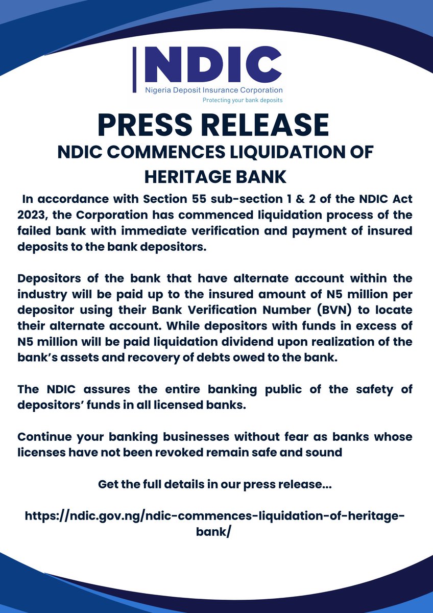 NDICNigeria's tweet photo. PRESS RELEASE: NDIC COMMENCES LIQUIDATION OF HERITAGE BANK https://t.co/d313qawzyh https://t.co/N5NBGvDx0g