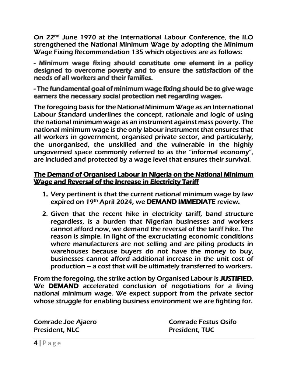 A NEW NATIONAL MINIMUM WAGE AND HIKE IN ELECTRICITY TARIFF: WHY ORGANISED LABOUR IS STRIKING