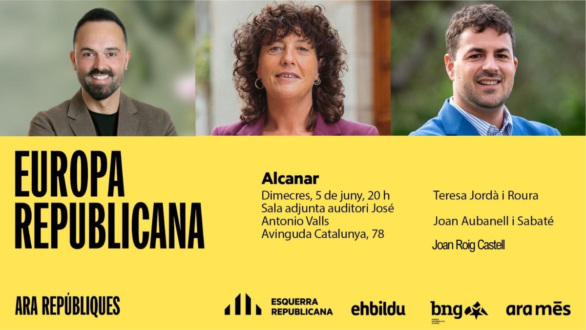 ERCEbre's tweet photo. 🟡 ACTES ELECCIONS EUROPEES #LesCases i #Alcanar Amb @J_Roig_Castell @TeresaJorda i Joan Aubanell.
📆 Dimecres, 5 de juny
⏰ 19 hores
📍 Llar de Pensionistes i Jubilats de Les Cases
⏰ 20 hores
📍 Sala adjunta de l'Auditori José Antoni Valls d'Alcanar https://t.co/rVKMkIdGan