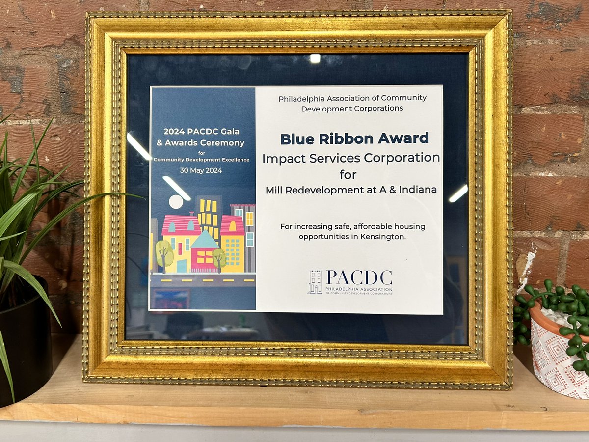 Impact_Philly's tweet photo. We're honored to receive the Blue Ribbon 2024 Award from @PhillyCDCs for our Mill Redevelopment Project at A & Indiana! This isn’t just about bricks and mortar; it’s about affordable housing, supporting nonprofits, and revitalizing our community. Thank you all! #ImpactServices https://t.co/ZsBVFr0jpw