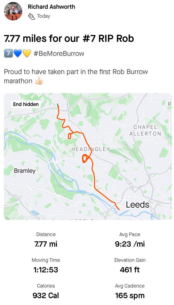 Rashers3's tweet image. 7.77 miles for our number 7 #RIPRob #BeMoreBurrow @Rob7Burrow @leedsrhinos @mndassoc