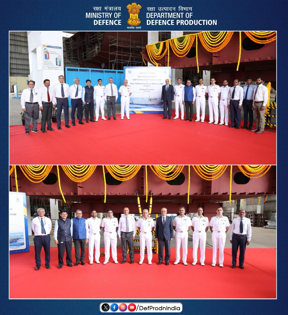DefProdnIndia's tweet photo. Keel laying ceremony of the second Cadet Training Ship (Yard – 18004) was held at M/s L&T Shipyard, Kattupalli on 03 Jun 24. The ceremony was presided over by RAdm Sandeep Mehta, Assistant Controller of Warship Production & Acquisition (#ACWP&A)
Details ➡�� https://t.co/myaTmAgm2W https://t.co/dZto1BvAs9
