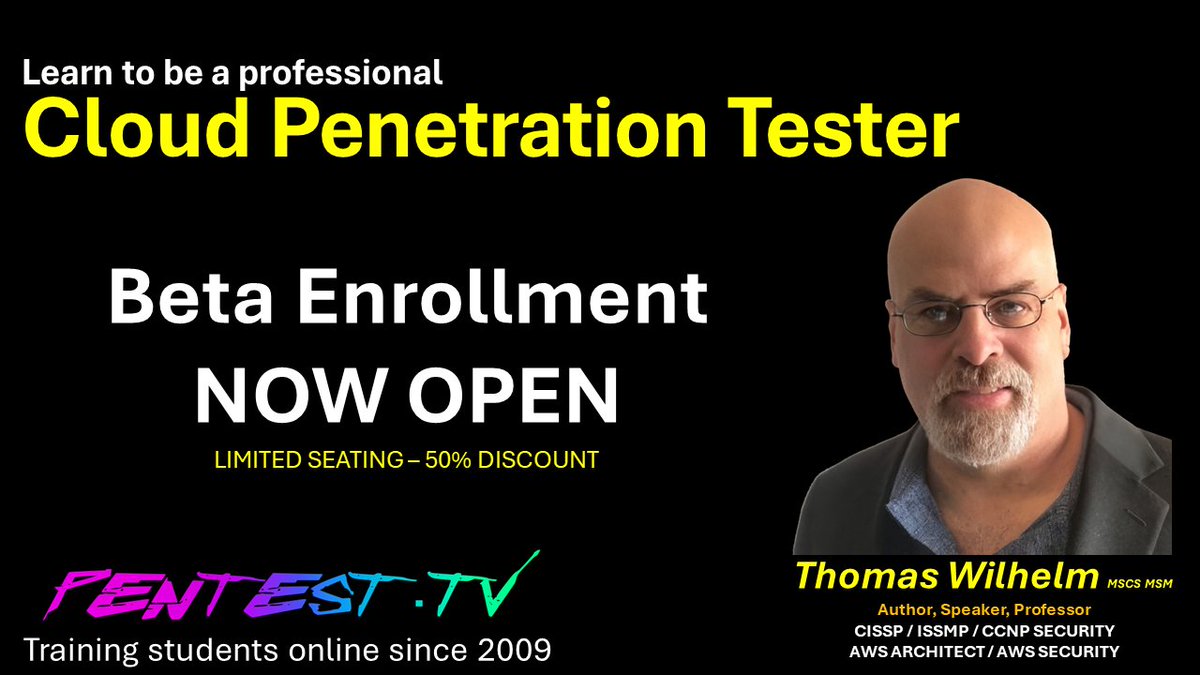 Enrollment for our Cloud Penetration Testing Training starts today! The course is currently in BETA so we are only opening enrollment for a small number of participants (max 50) and offering the course at 50% off. Sign up now at: pentest.tv/courses/cloud-…