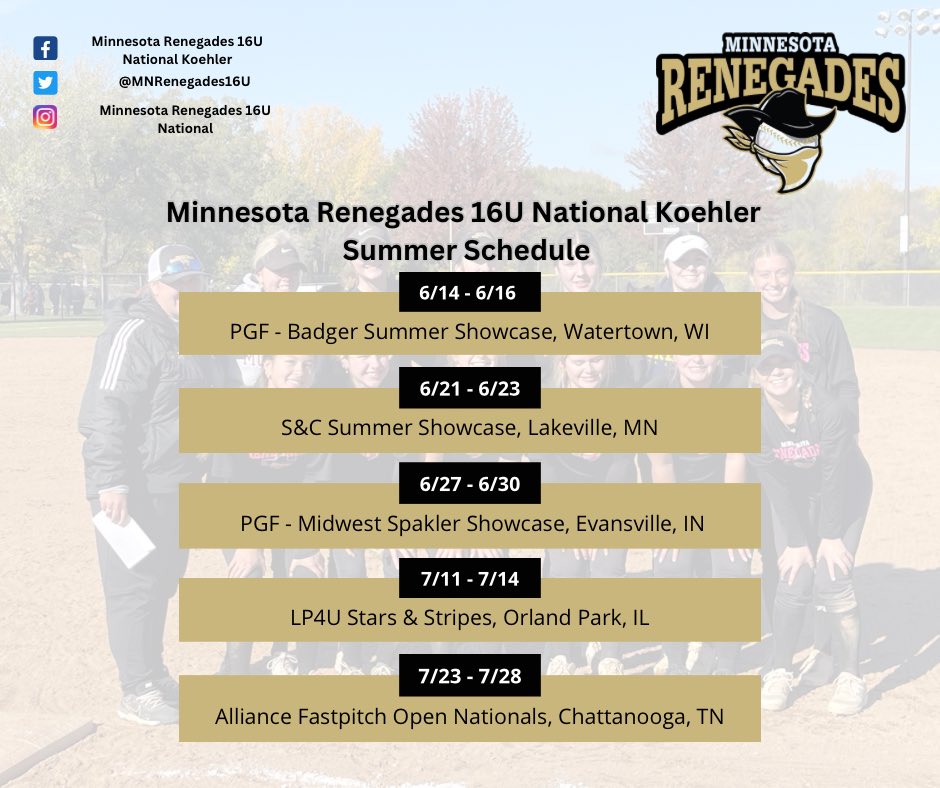 MNRenegades16U's tweet photo. Summer is almost here and we can’t wait to get back on the field to compete! Good luck to all of our athletes competing in state high school softball tournaments this week! https://t.co/n2OZkLothp