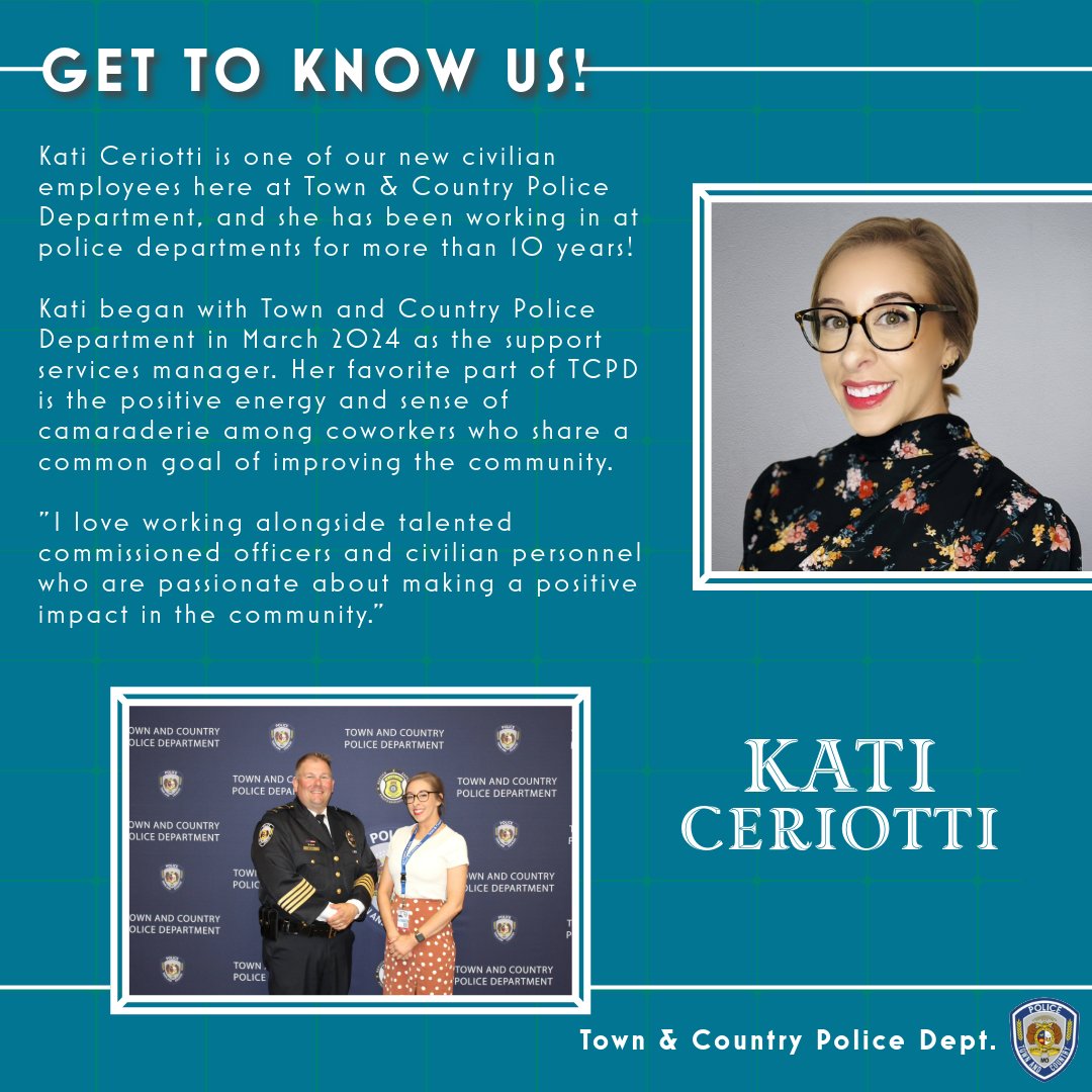 Meet Kati, our amazing new civilian hire! We're thrilled to welcome her to the Town &amp; Country PD family. Stay tuned for more introductions as we continue to grow and serve our community! 🚓👮‍♂️ #TownAndCountryPD #WelcomeAboard